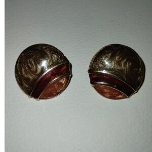 Vintage Gold Color & Red Circular Stud Back Costume Jewelry Earrings